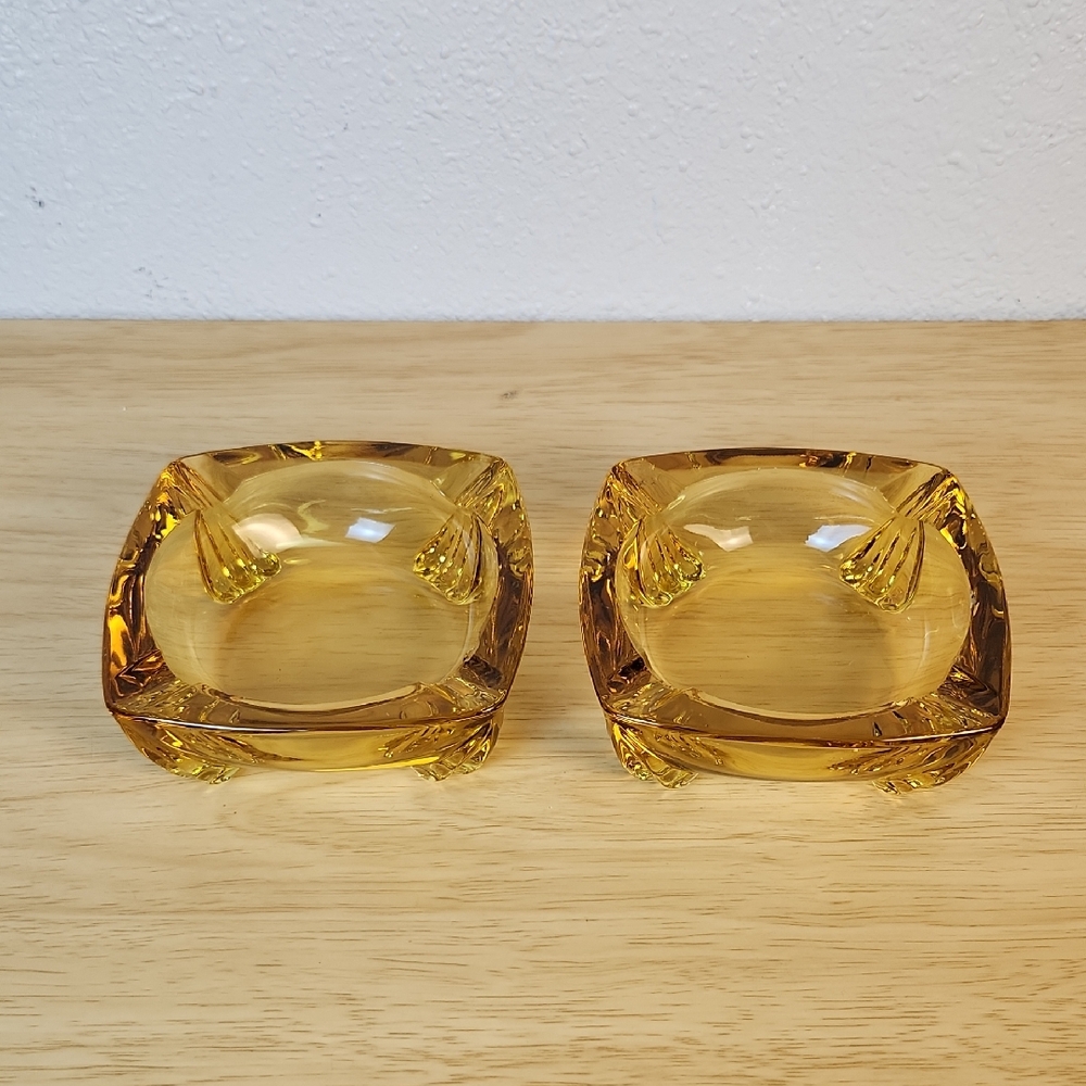Retro Amber Square Footed Glass Ashtray / Trinket Tray